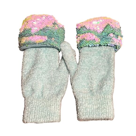 Mittens Gloves One Size Justice Blue Flip Sequin Button & Loop Soft Sparkle - Picture 1 of 8